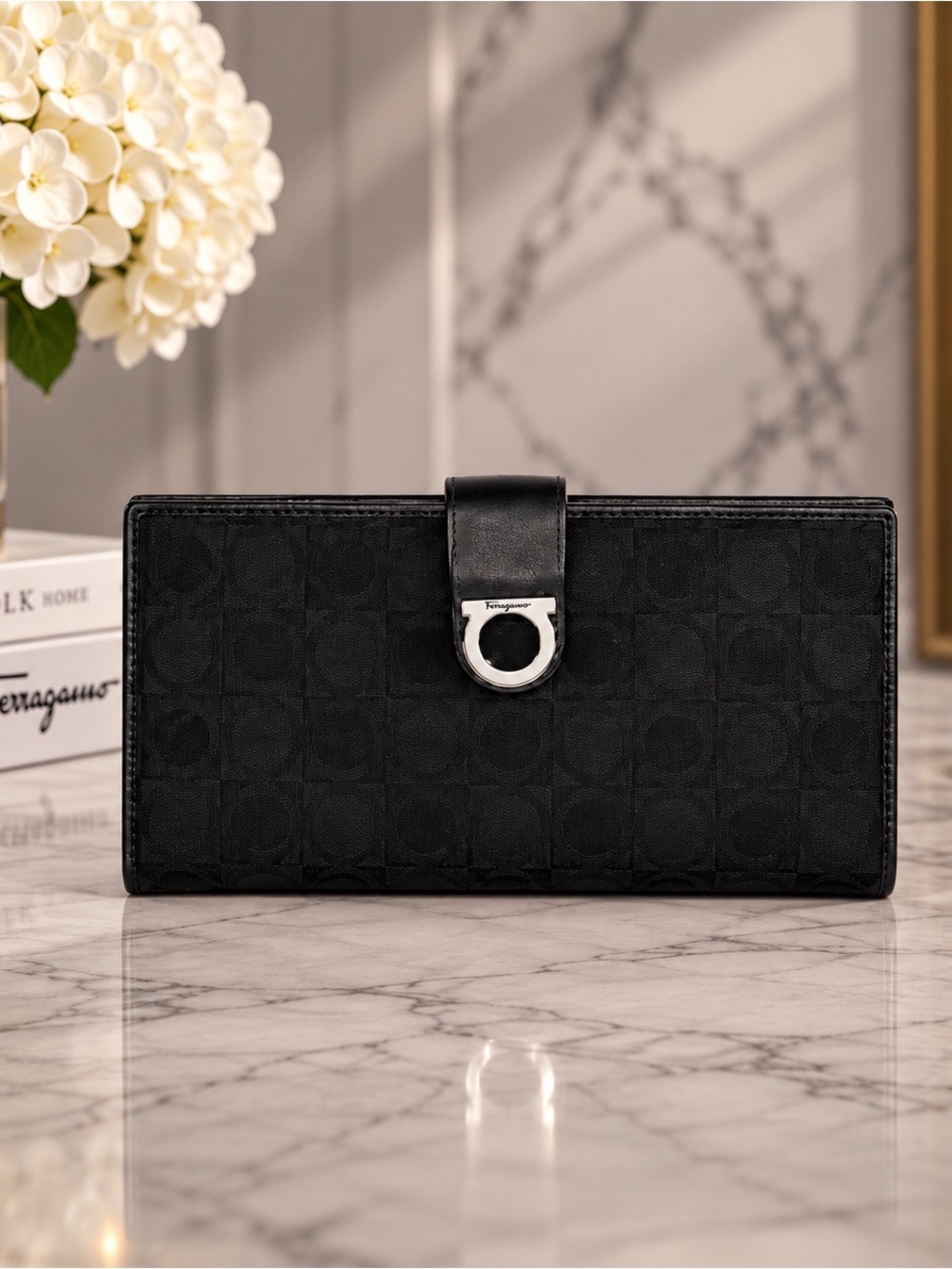 Salvatore Ferragamo Black Gancini Nylon Leather Long Wallet Dust Bag & COA